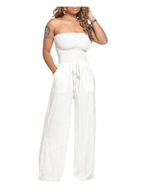 Wide Leg Jumpsuit with Pockets Strapless Tube Top Romper Casual